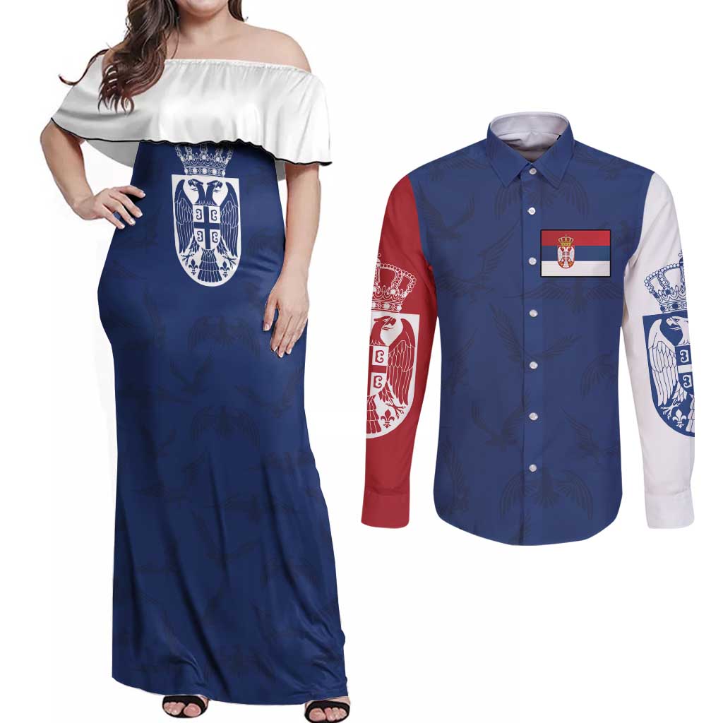 Serbia Flag Couples Matching Off Shoulder Maxi Dress and Long Sleeve Button Shirt with Double-Headed Eagle and National Coat of Arms Design