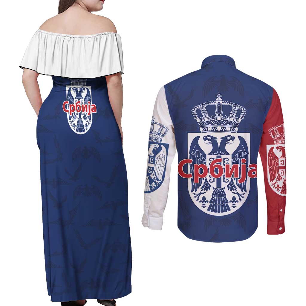 Serbia Flag Couples Matching Off Shoulder Maxi Dress and Long Sleeve Button Shirt with Double-Headed Eagle and National Coat of Arms Design