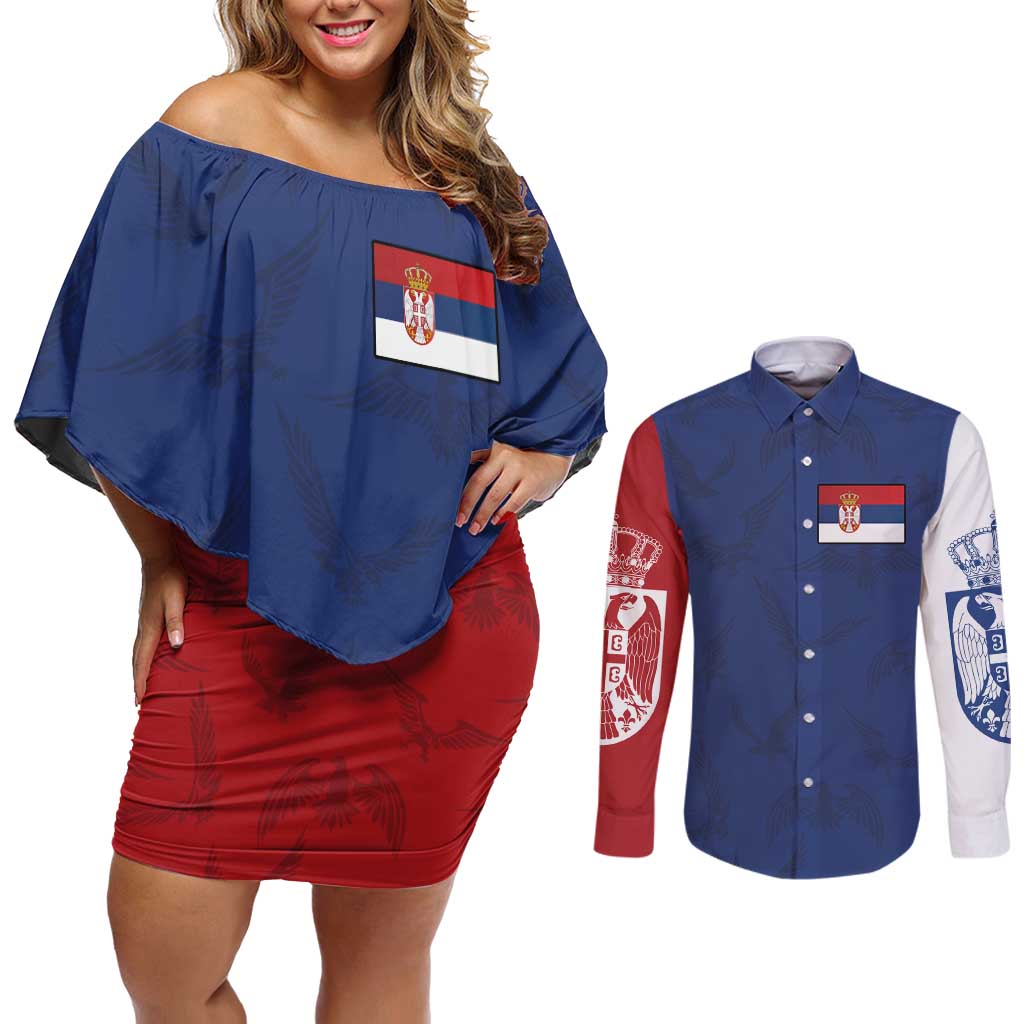 Serbia Flag Couples Matching Off Shoulder Short Dress and Long Sleeve Button Shirt with Double-Headed Eagle and National Coat of Arms Design