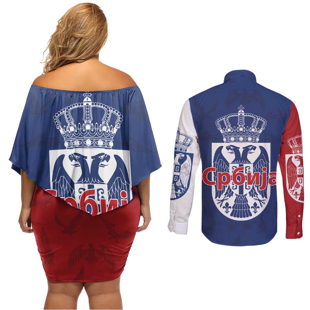 Serbia Flag Couples Matching Off Shoulder Short Dress and Long Sleeve Button Shirt with Double-Headed Eagle and National Coat of Arms Design