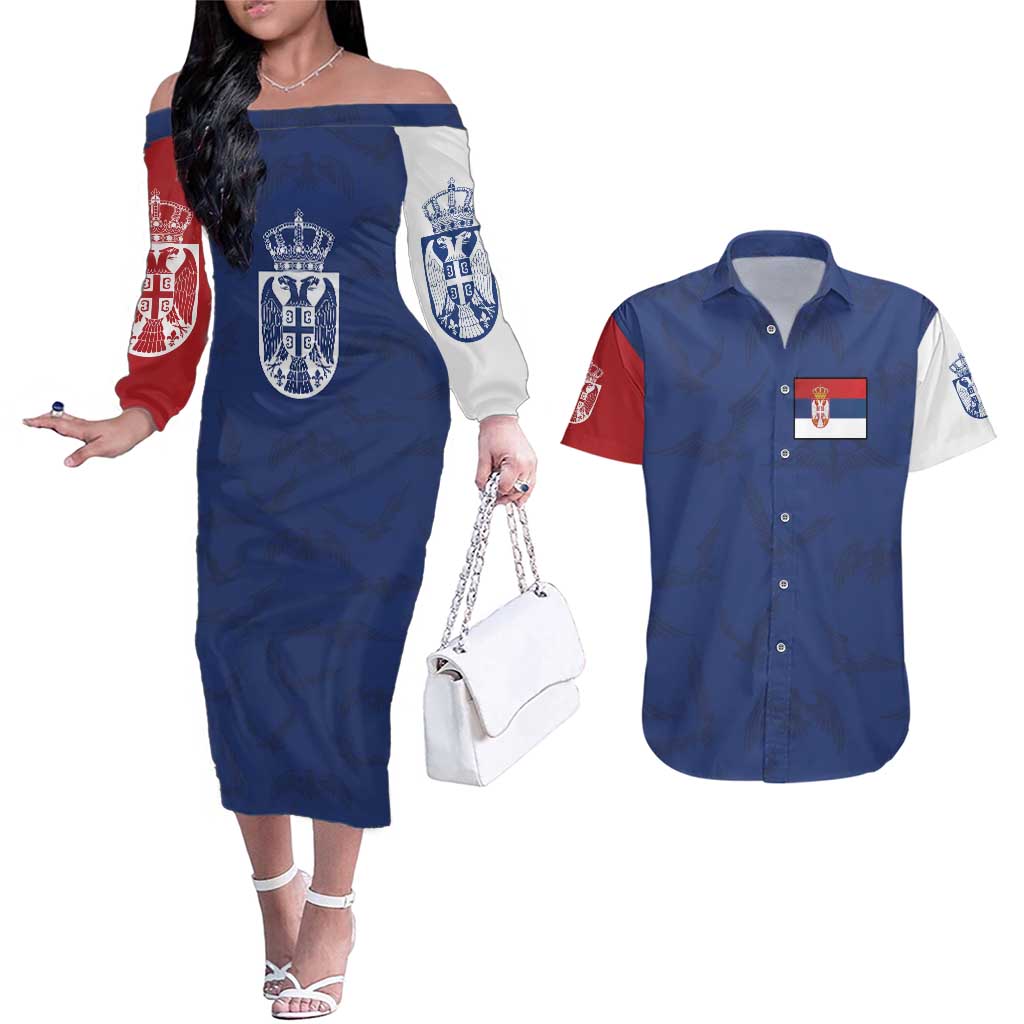 Serbia Flag Couples Matching Off The Shoulder Long Sleeve Dress and Hawaiian Shirt with Double-Headed Eagle and National Coat of Arms Design