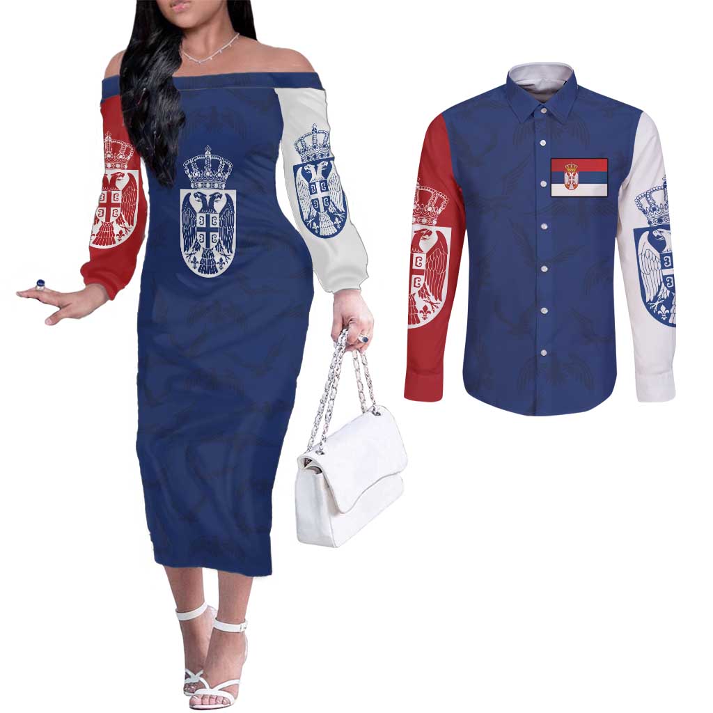 Serbia Flag Couples Matching Off The Shoulder Long Sleeve Dress and Long Sleeve Button Shirt with Double-Headed Eagle and National Coat of Arms Design