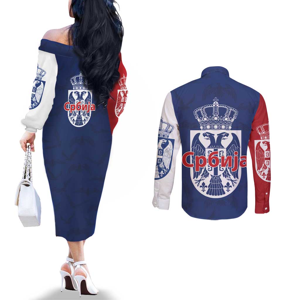 Serbia Flag Couples Matching Off The Shoulder Long Sleeve Dress and Long Sleeve Button Shirt with Double-Headed Eagle and National Coat of Arms Design