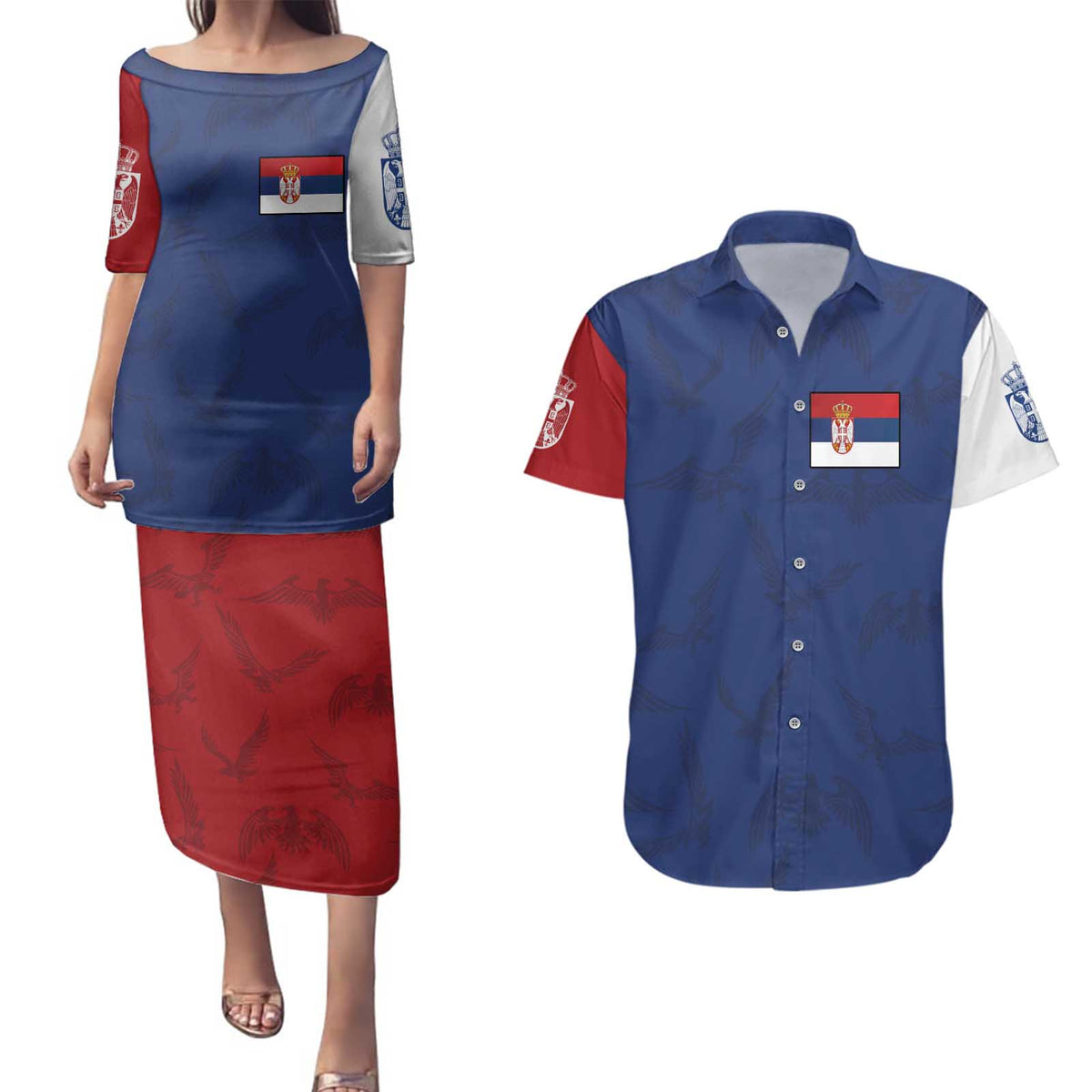 Serbia Flag Couples Matching Puletasi and Hawaiian Shirt with Double-Headed Eagle and National Coat of Arms Design