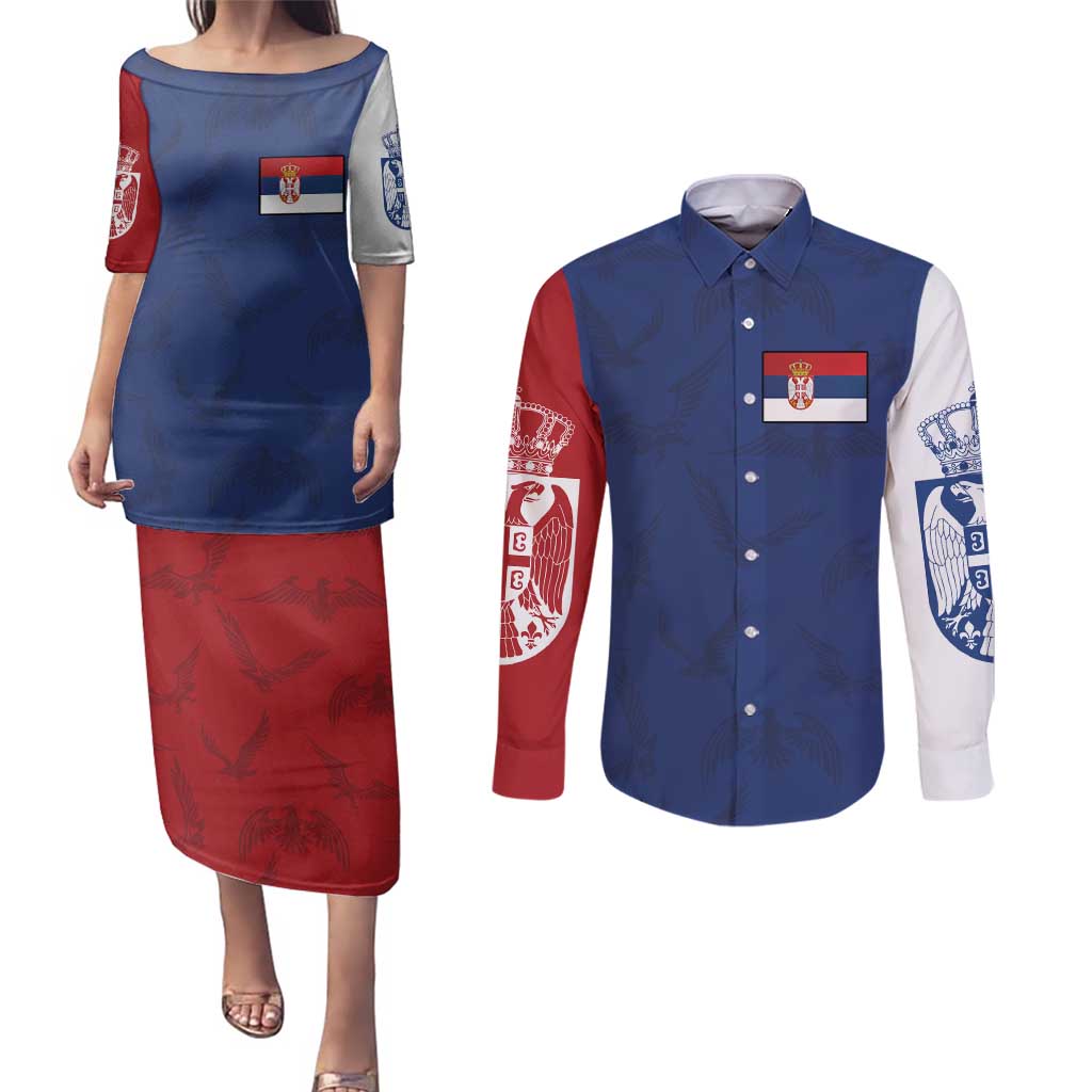 Serbia Flag Couples Matching Puletasi and Long Sleeve Button Shirt with Double-Headed Eagle and National Coat of Arms Design
