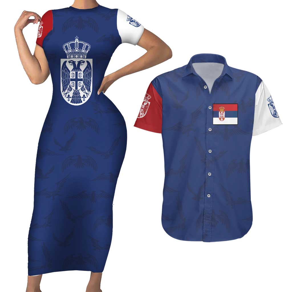Serbia Flag Couples Matching Short Sleeve Bodycon Dress and Hawaiian Shirt with Double-Headed Eagle and National Coat of Arms Design