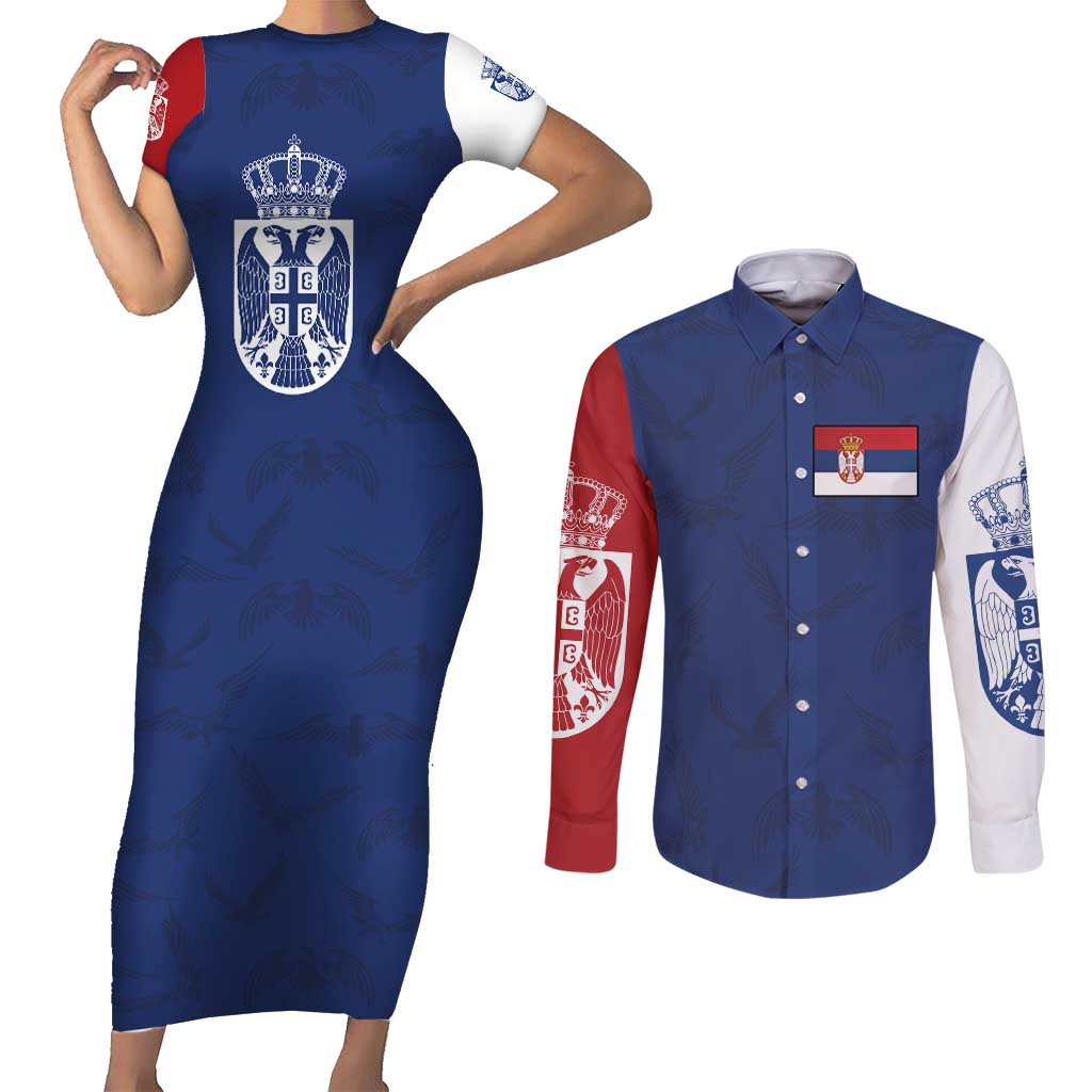 Serbia Flag Couples Matching Short Sleeve Bodycon Dress and Long Sleeve Button Shirt with Double-Headed Eagle and National Coat of Arms Design