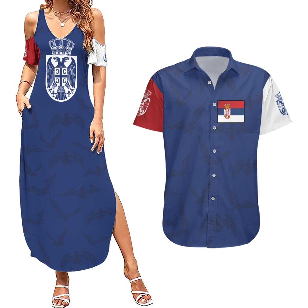Serbia Flag Couples Matching Summer Maxi Dress and Hawaiian Shirt with Double-Headed Eagle and National Coat of Arms Design