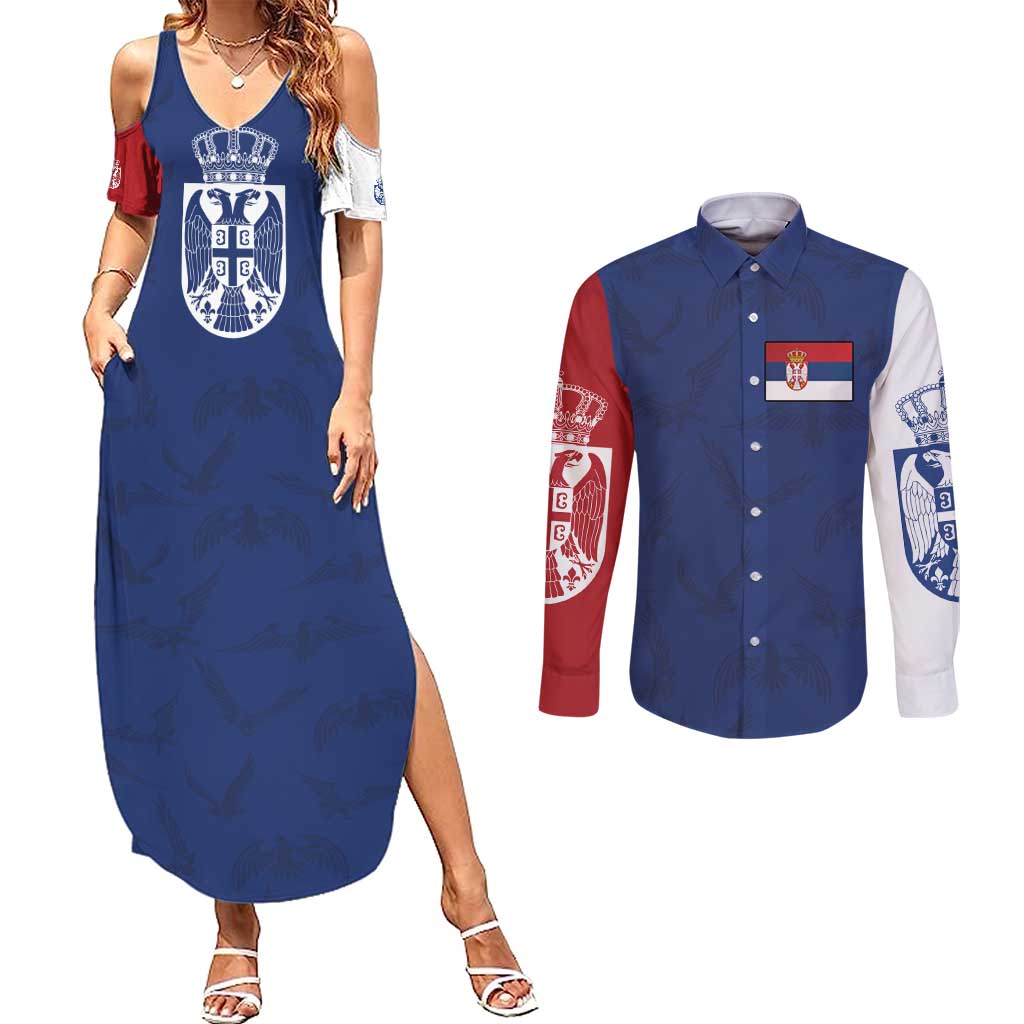 Serbia Flag Couples Matching Summer Maxi Dress and Long Sleeve Button Shirt with Double-Headed Eagle and National Coat of Arms Design