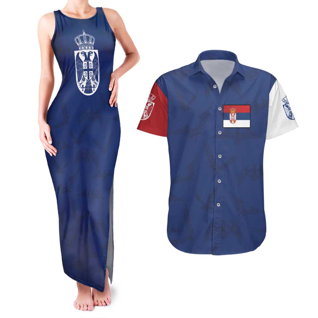 Serbia Flag Couples Matching Tank Maxi Dress and Hawaiian Shirt with Double-Headed Eagle and National Coat of Arms Design