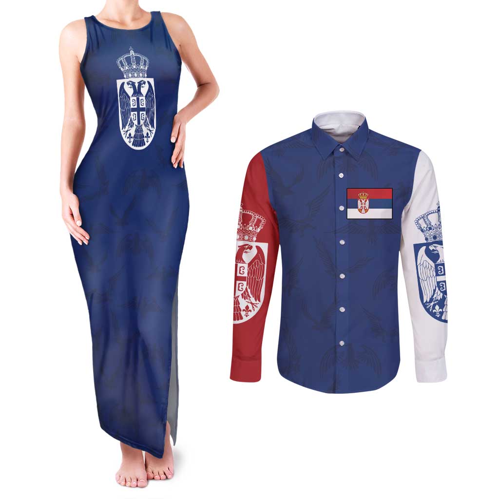 Serbia Flag Couples Matching Tank Maxi Dress and Long Sleeve Button Shirt with Double-Headed Eagle and National Coat of Arms Design