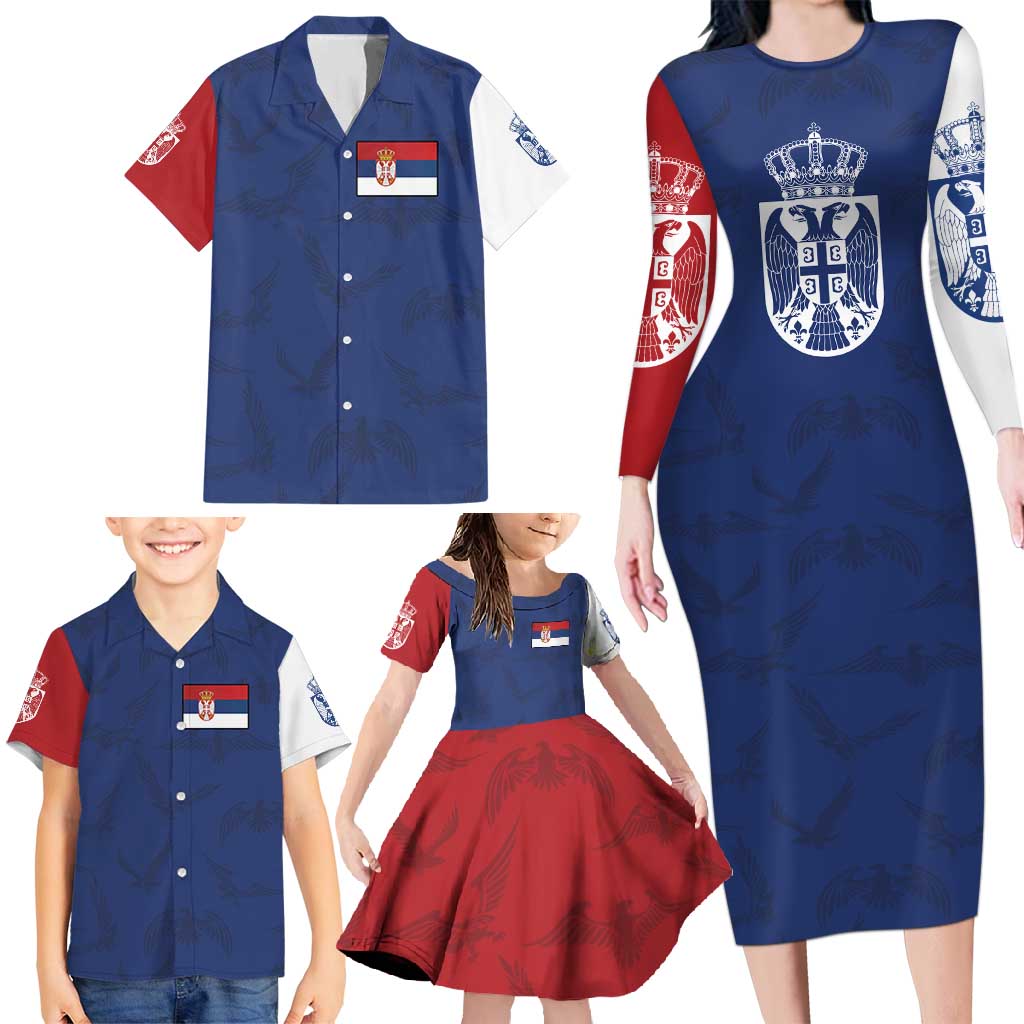 Serbia Flag Family Matching Long Sleeve Bodycon Dress and Hawaiian Shirt with Double-Headed Eagle and National Coat of Arms Design
