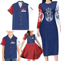 Serbia Flag Family Matching Long Sleeve Bodycon Dress and Hawaiian Shirt with Double-Headed Eagle and National Coat of Arms Design