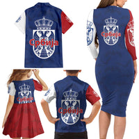 Serbia Flag Family Matching Long Sleeve Bodycon Dress and Hawaiian Shirt with Double-Headed Eagle and National Coat of Arms Design