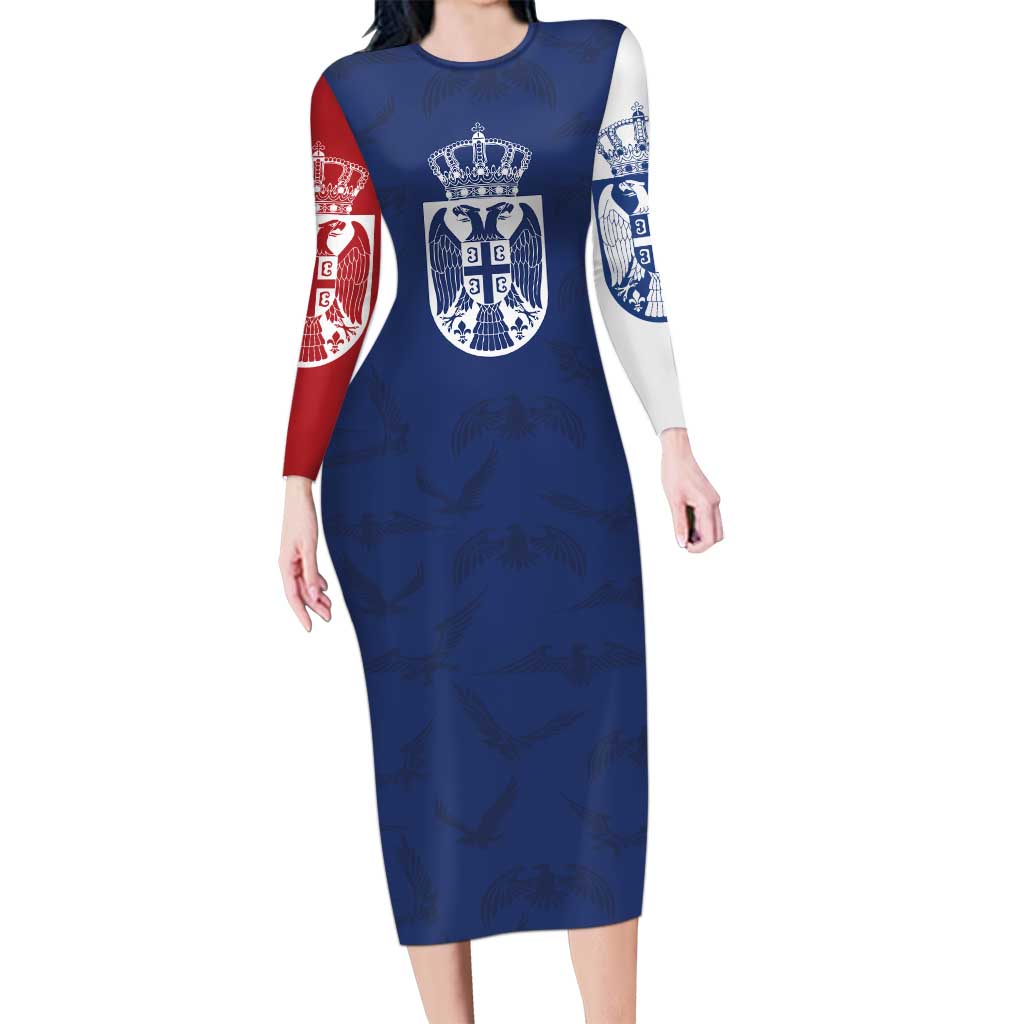 Serbia Flag Family Matching Long Sleeve Bodycon Dress and Hawaiian Shirt with Double-Headed Eagle and National Coat of Arms Design