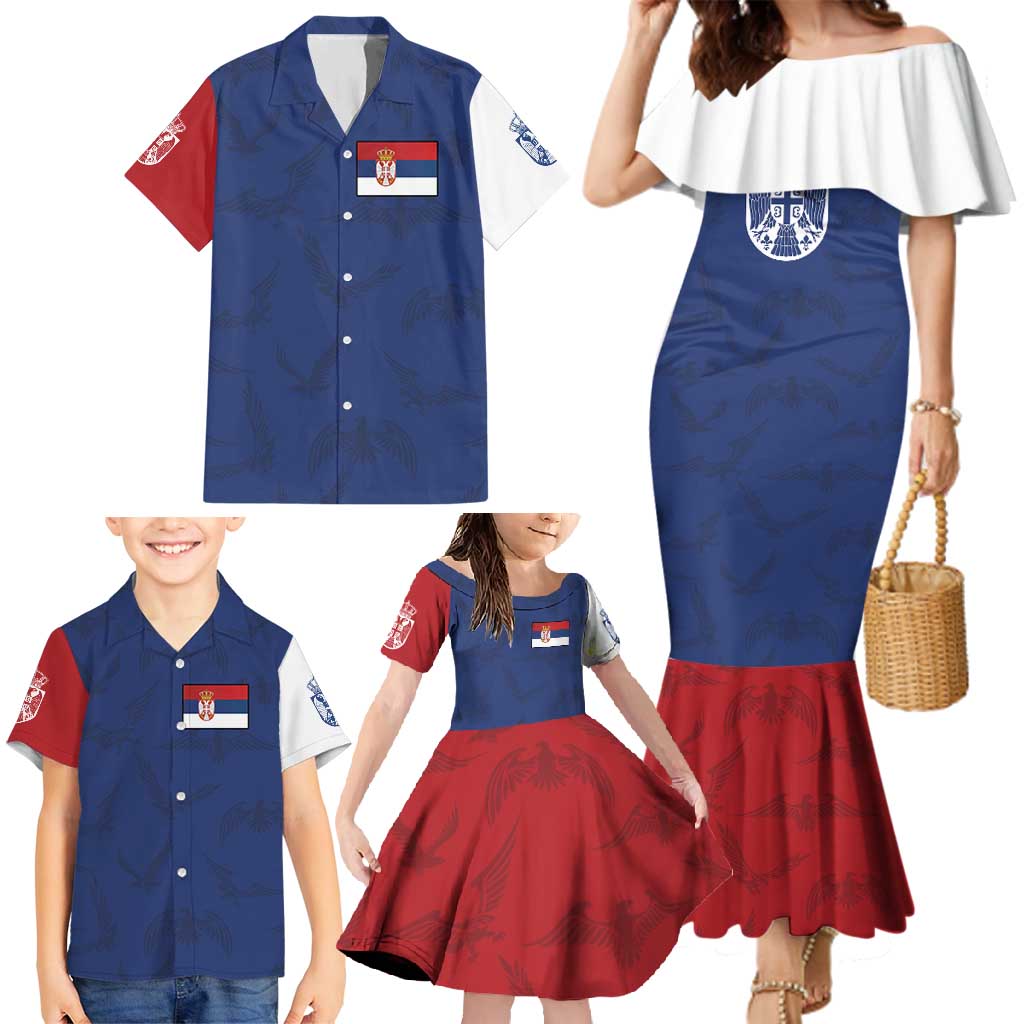Serbia Flag Family Matching Mermaid Dress and Hawaiian Shirt with Double-Headed Eagle and National Coat of Arms Design