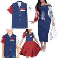 Serbia Flag Family Matching Off The Shoulder Long Sleeve Dress and Hawaiian Shirt with Double-Headed Eagle and National Coat of Arms Design