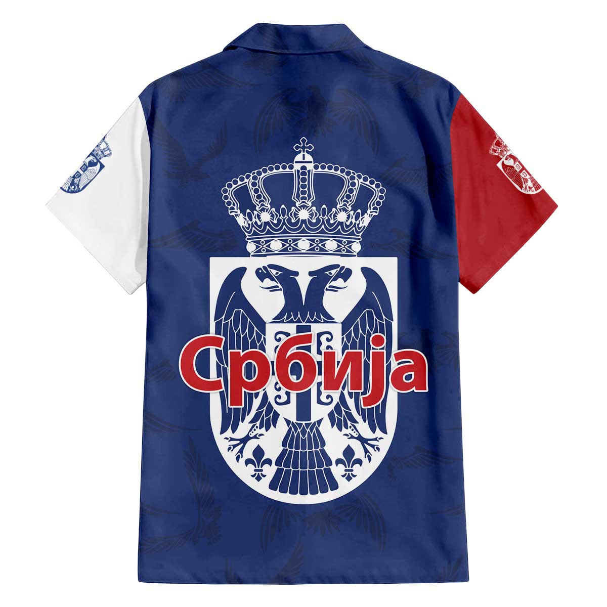 Serbia Flag Family Matching Off The Shoulder Long Sleeve Dress and Hawaiian Shirt with Double-Headed Eagle and National Coat of Arms Design