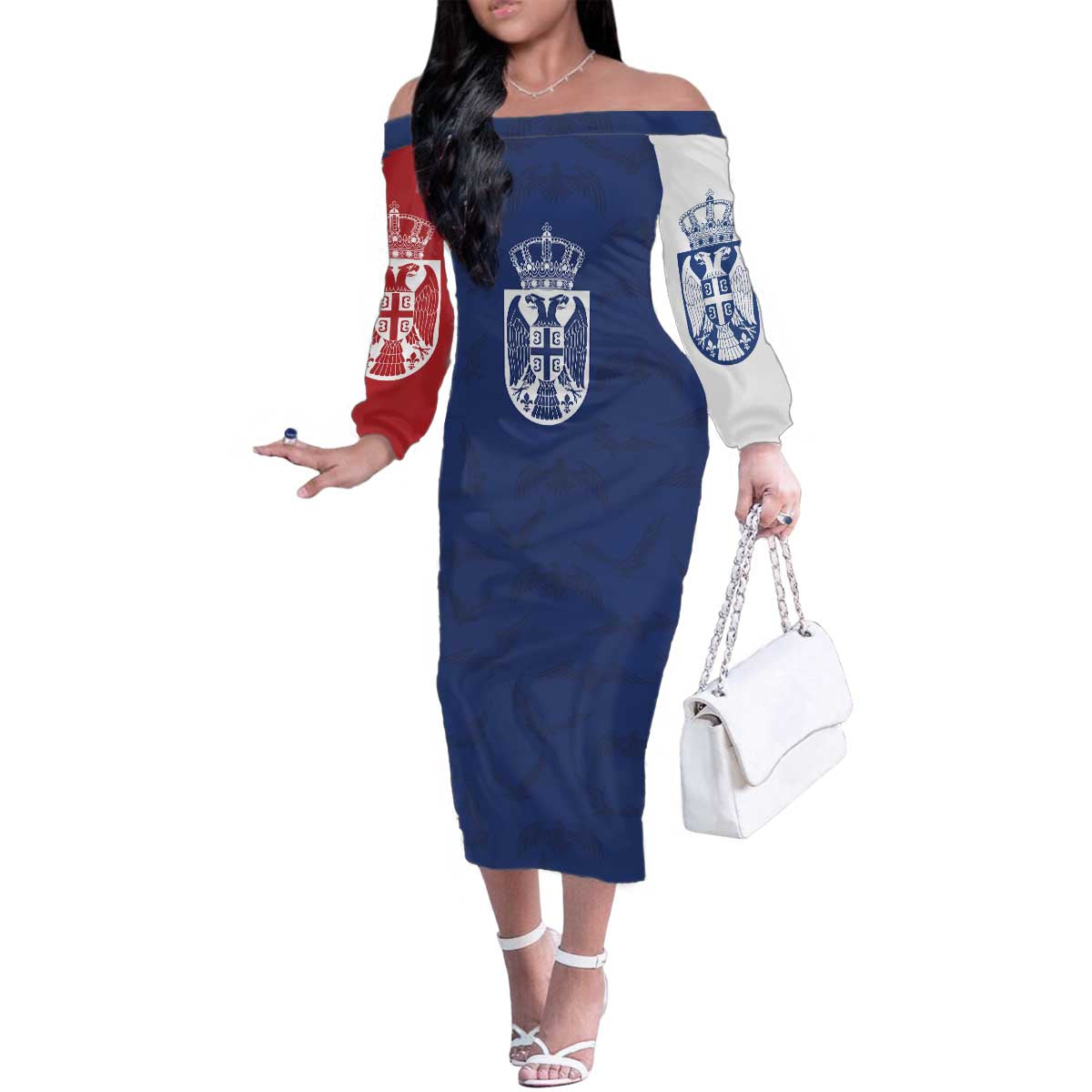 Serbia Flag Family Matching Off The Shoulder Long Sleeve Dress and Hawaiian Shirt with Double-Headed Eagle and National Coat of Arms Design