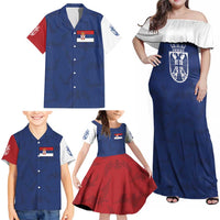 Serbia Flag Family Matching Off Shoulder Maxi Dress and Hawaiian Shirt with Double-Headed Eagle and National Coat of Arms Design