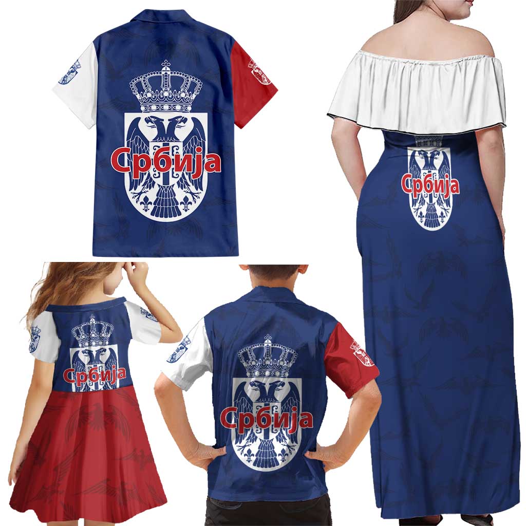 Serbia Flag Family Matching Off Shoulder Maxi Dress and Hawaiian Shirt with Double-Headed Eagle and National Coat of Arms Design