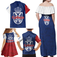 Serbia Flag Family Matching Off Shoulder Maxi Dress and Hawaiian Shirt with Double-Headed Eagle and National Coat of Arms Design