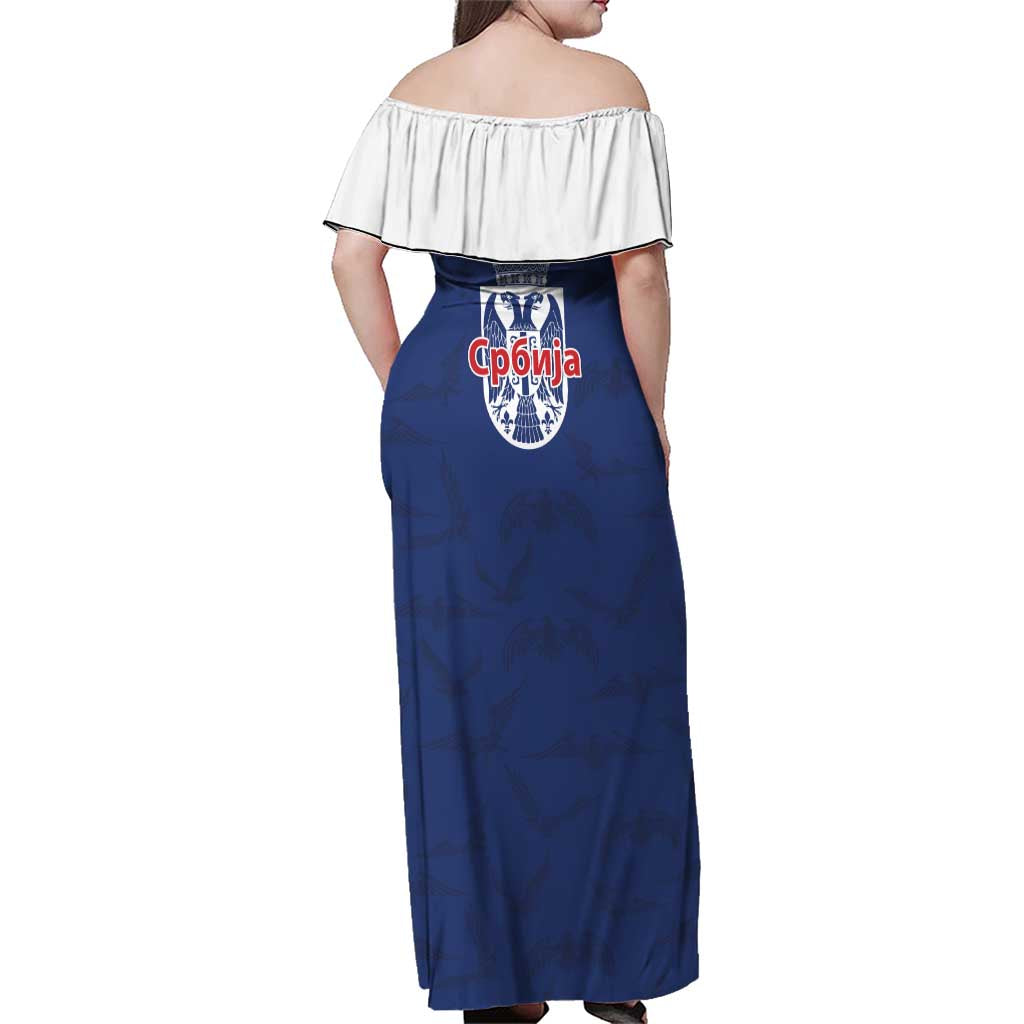 Serbia Flag Family Matching Off Shoulder Maxi Dress and Hawaiian Shirt with Double-Headed Eagle and National Coat of Arms Design