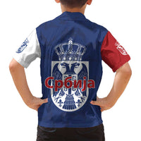 Serbia Flag Family Matching Off Shoulder Short Dress and Hawaiian Shirt with Double-Headed Eagle and National Coat of Arms Design
