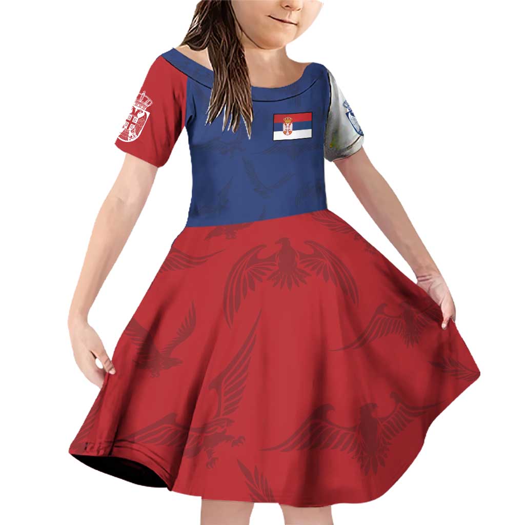 Serbia Flag Family Matching Off Shoulder Short Dress and Hawaiian Shirt with Double-Headed Eagle and National Coat of Arms Design