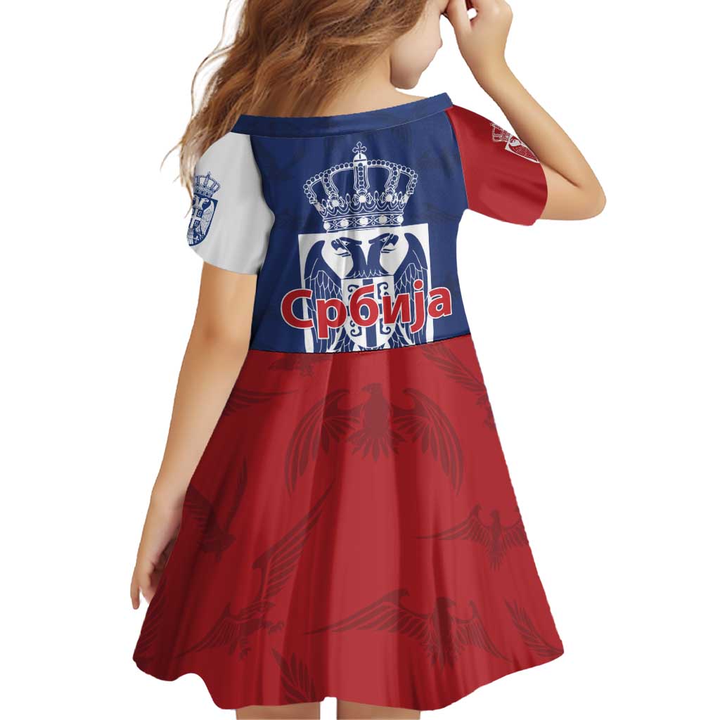 Serbia Flag Family Matching Off Shoulder Short Dress and Hawaiian Shirt with Double-Headed Eagle and National Coat of Arms Design