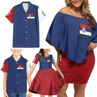 Serbia Flag Family Matching Off Shoulder Short Dress and Hawaiian Shirt with Double-Headed Eagle and National Coat of Arms Design