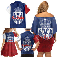 Serbia Flag Family Matching Off Shoulder Short Dress and Hawaiian Shirt with Double-Headed Eagle and National Coat of Arms Design