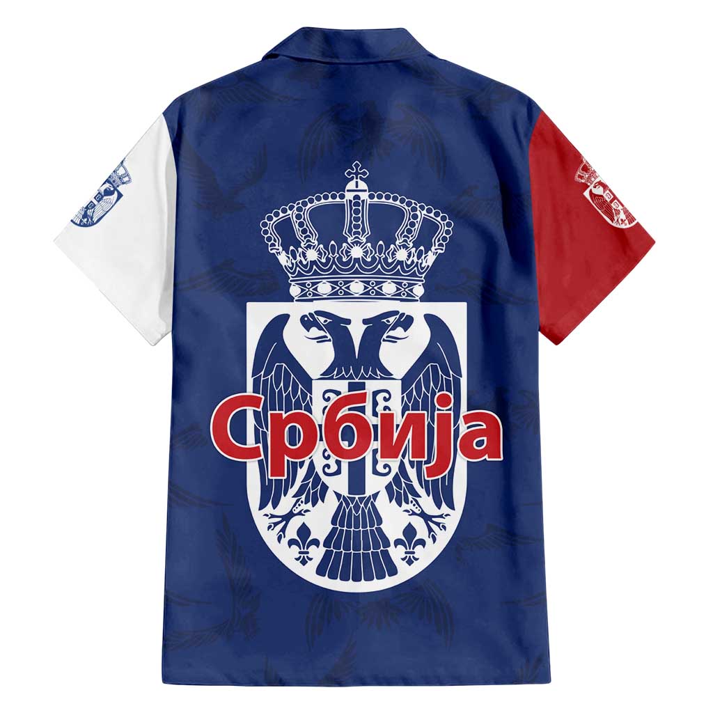 Serbia Flag Family Matching Off Shoulder Short Dress and Hawaiian Shirt with Double-Headed Eagle and National Coat of Arms Design