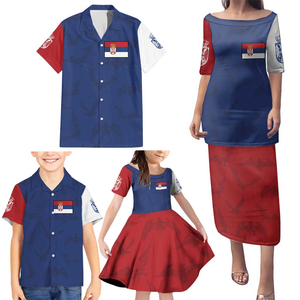 Serbia Flag Family Matching Puletasi and Hawaiian Shirt with Double-Headed Eagle and National Coat of Arms Design