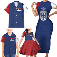 Serbia Flag Family Matching Short Sleeve Bodycon Dress and Hawaiian Shirt with Double-Headed Eagle and National Coat of Arms Design