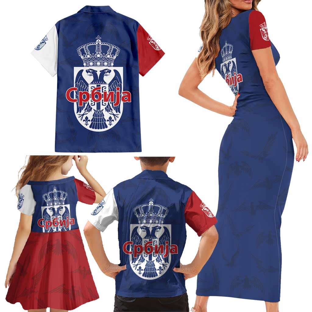 Serbia Flag Family Matching Short Sleeve Bodycon Dress and Hawaiian Shirt with Double-Headed Eagle and National Coat of Arms Design