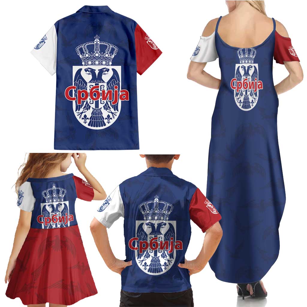 Serbia Flag Family Matching Summer Maxi Dress and Hawaiian Shirt with Double-Headed Eagle and National Coat of Arms Design
