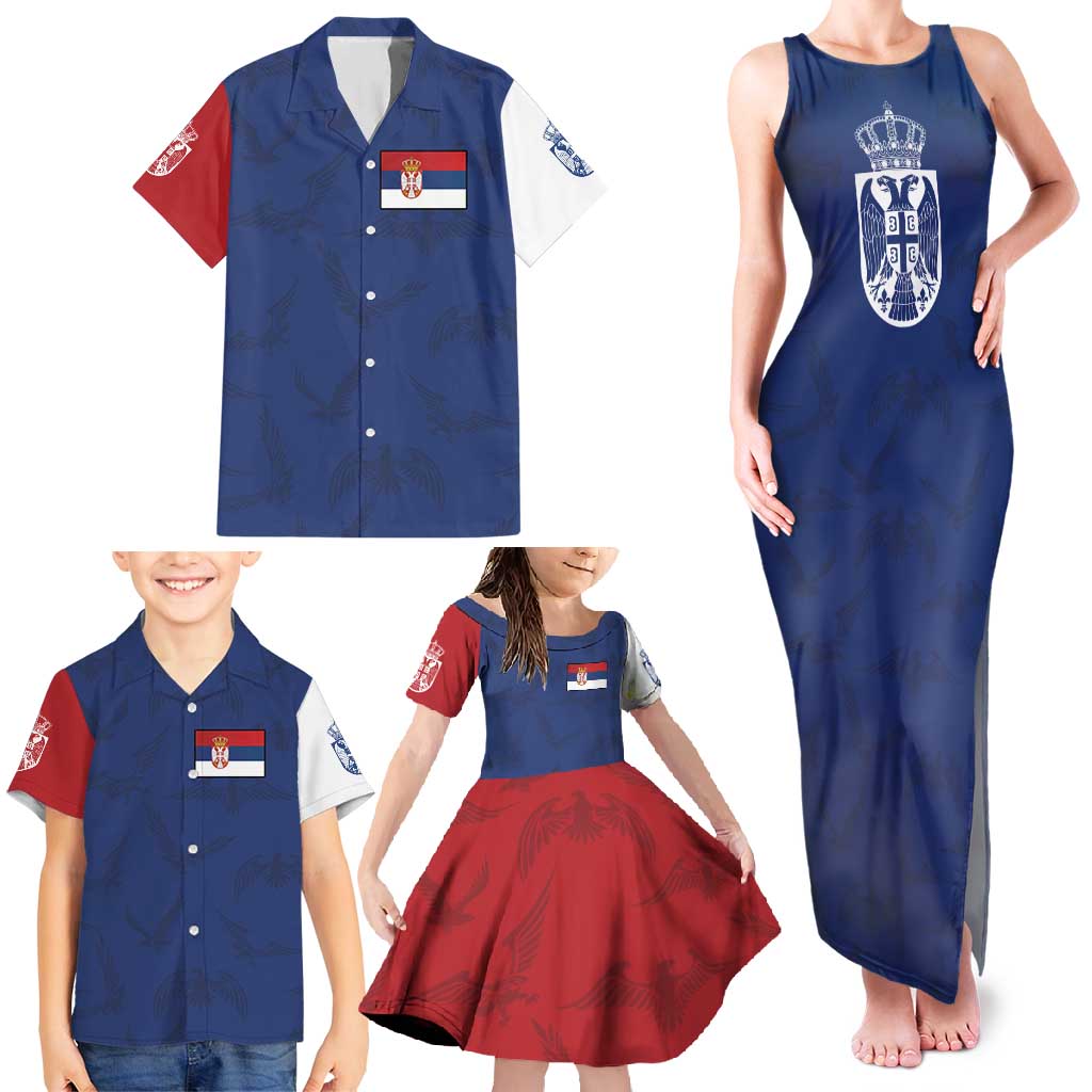Serbia Flag Family Matching Tank Maxi Dress and Hawaiian Shirt with Double-Headed Eagle and National Coat of Arms Design