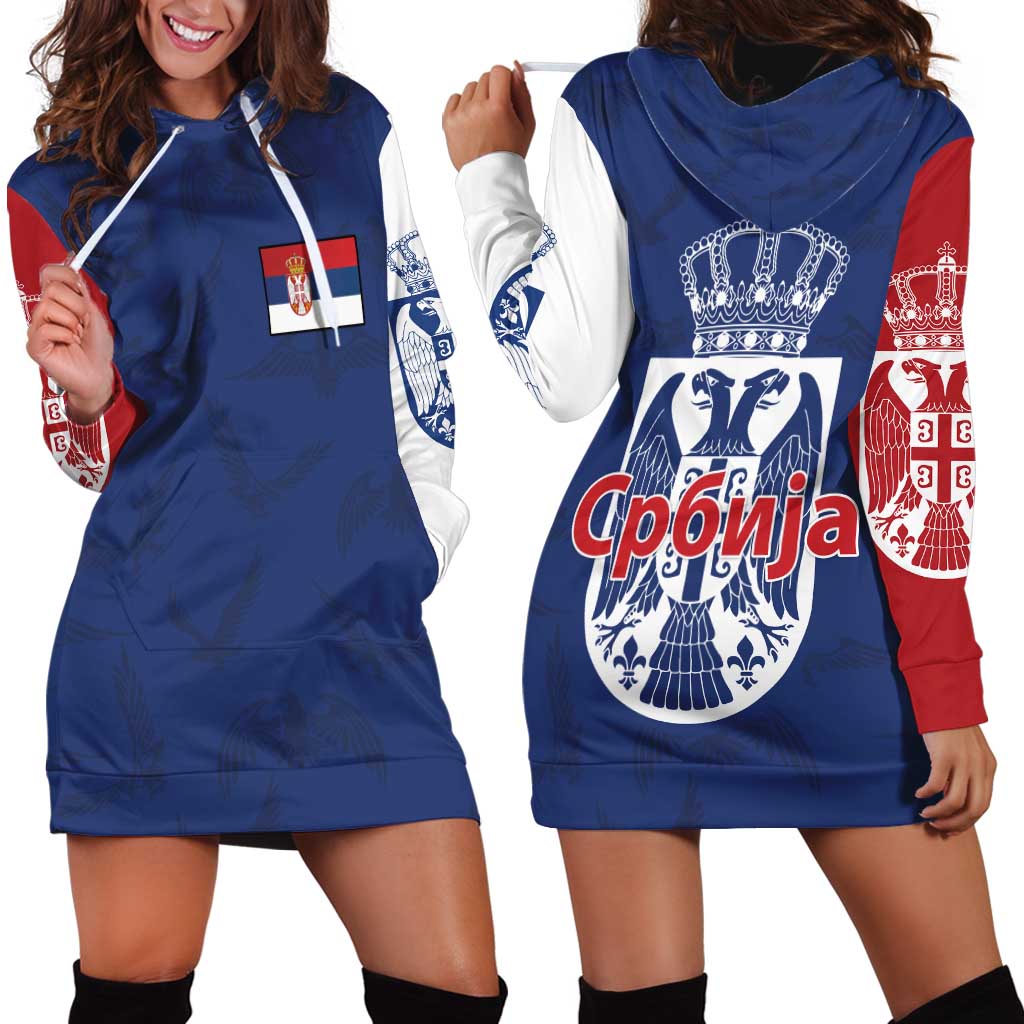 Serbia Flag Hoodie Dress with Double-Headed Eagle and National Coat of Arms Design