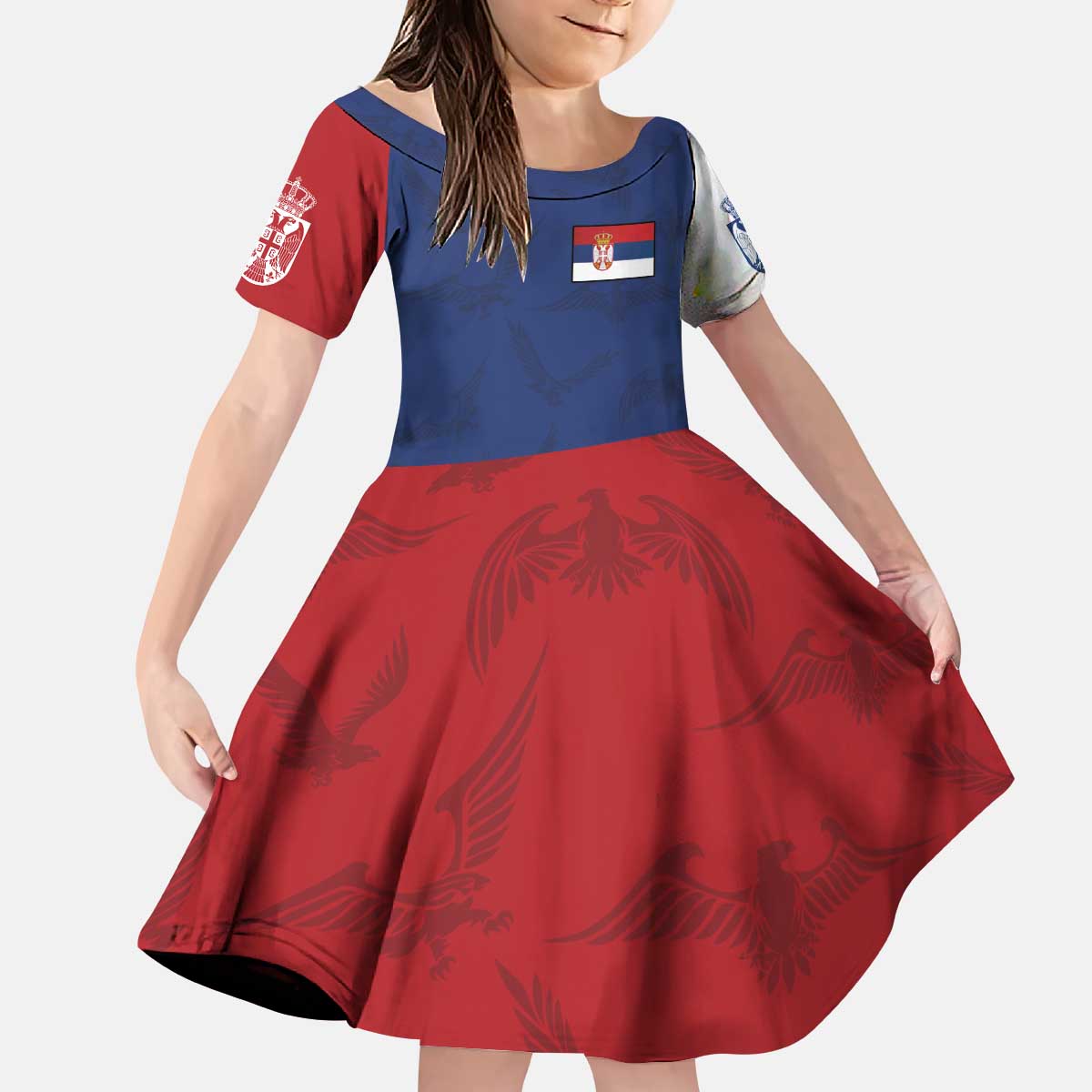 Serbia Flag Kid Short Sleeve Dress with Double-Headed Eagle and National Coat of Arms Design