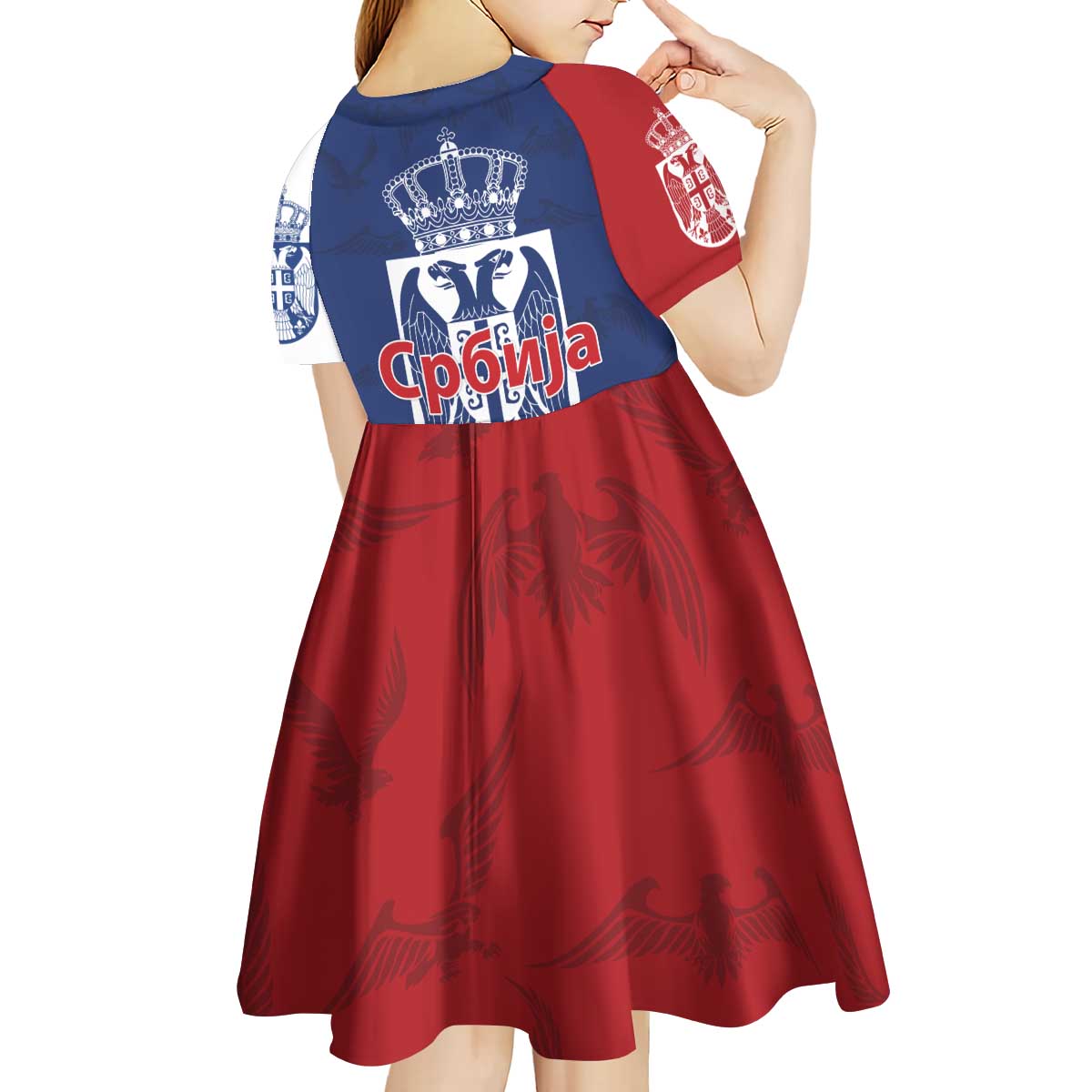 Serbia Flag Kid Short Sleeve Dress with Double-Headed Eagle and National Coat of Arms Design