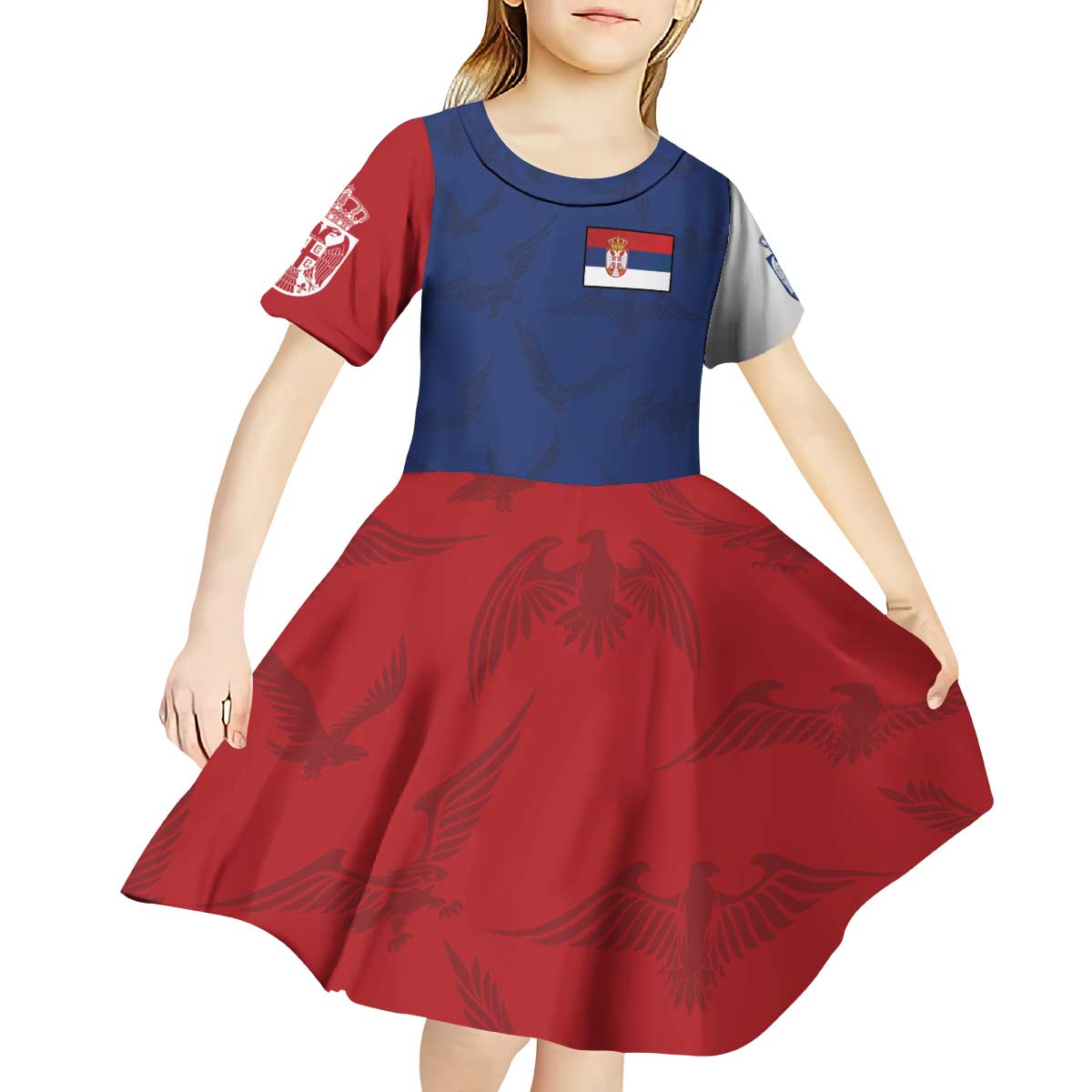 Serbia Flag Kid Short Sleeve Dress with Double-Headed Eagle and National Coat of Arms Design
