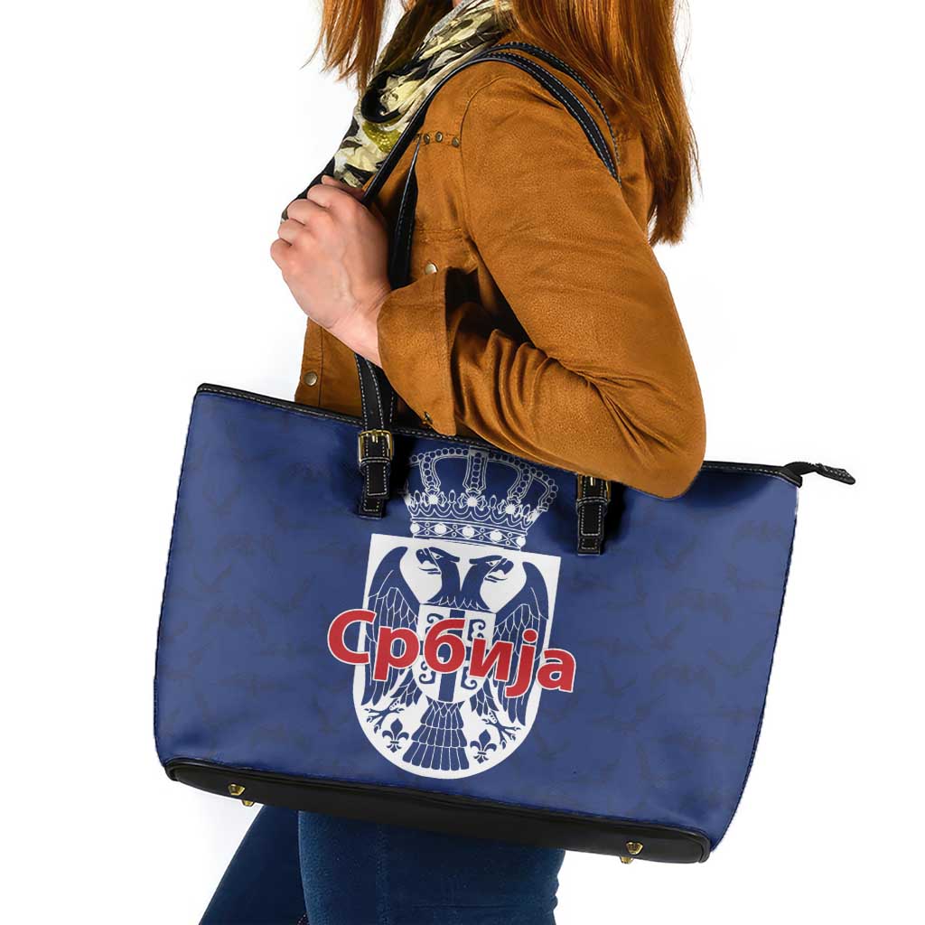 Serbia Flag Leather Tote Bag with Double-Headed Eagle and National Coat of Arms Design