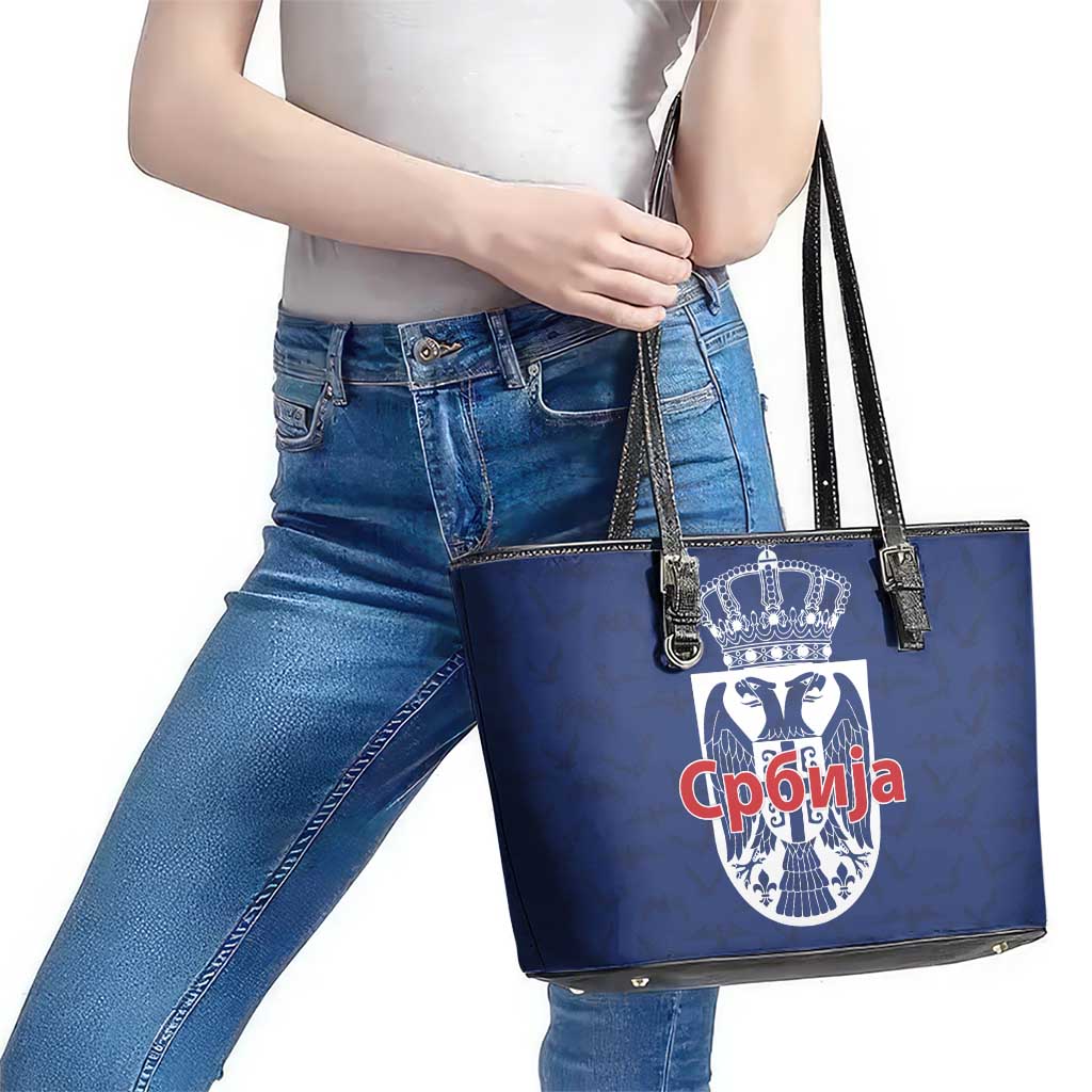 Serbia Flag Leather Tote Bag with Double-Headed Eagle and National Coat of Arms Design