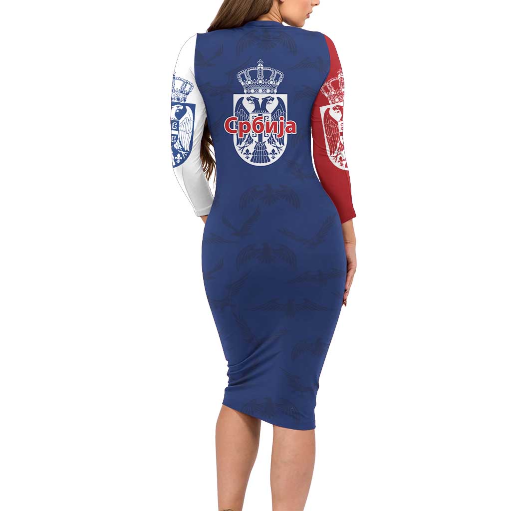 Serbia Flag Long Sleeve Bodycon Dress with Double-Headed Eagle and National Coat of Arms Design