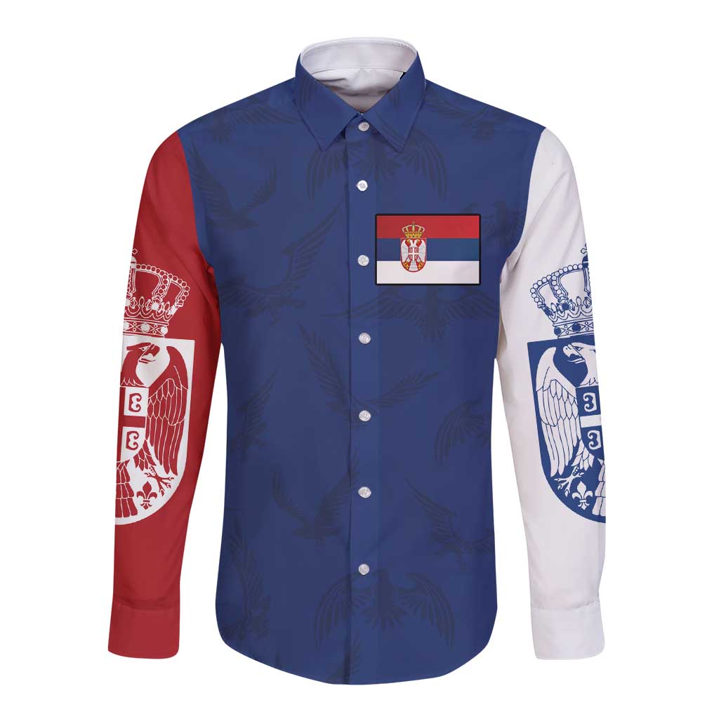 Serbia Flag Long Sleeve Button Shirt with Double-Headed Eagle and National Coat of Arms Design