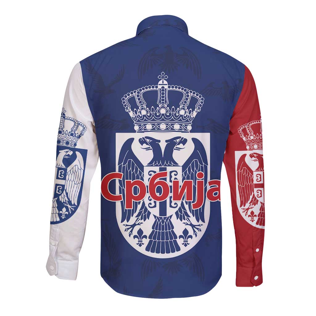 Serbia Flag Long Sleeve Button Shirt with Double-Headed Eagle and National Coat of Arms Design