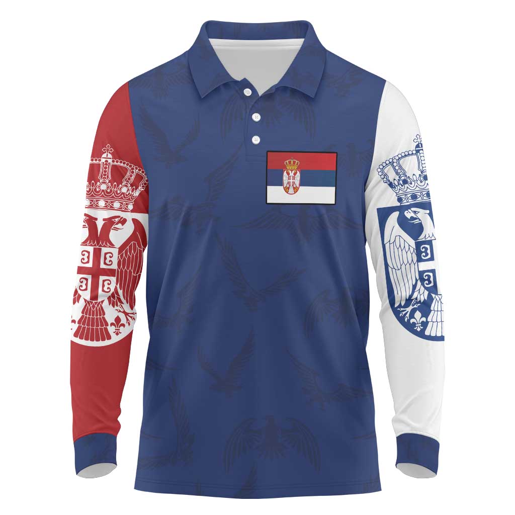 Serbia Flag Long Sleeve Polo Shirt with Double-Headed Eagle and National Coat of Arms Design