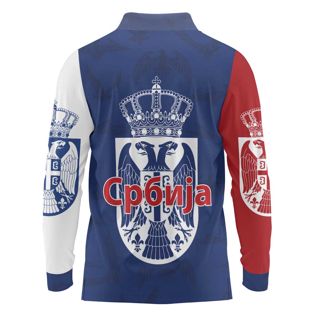 Serbia Flag Long Sleeve Polo Shirt with Double-Headed Eagle and National Coat of Arms Design
