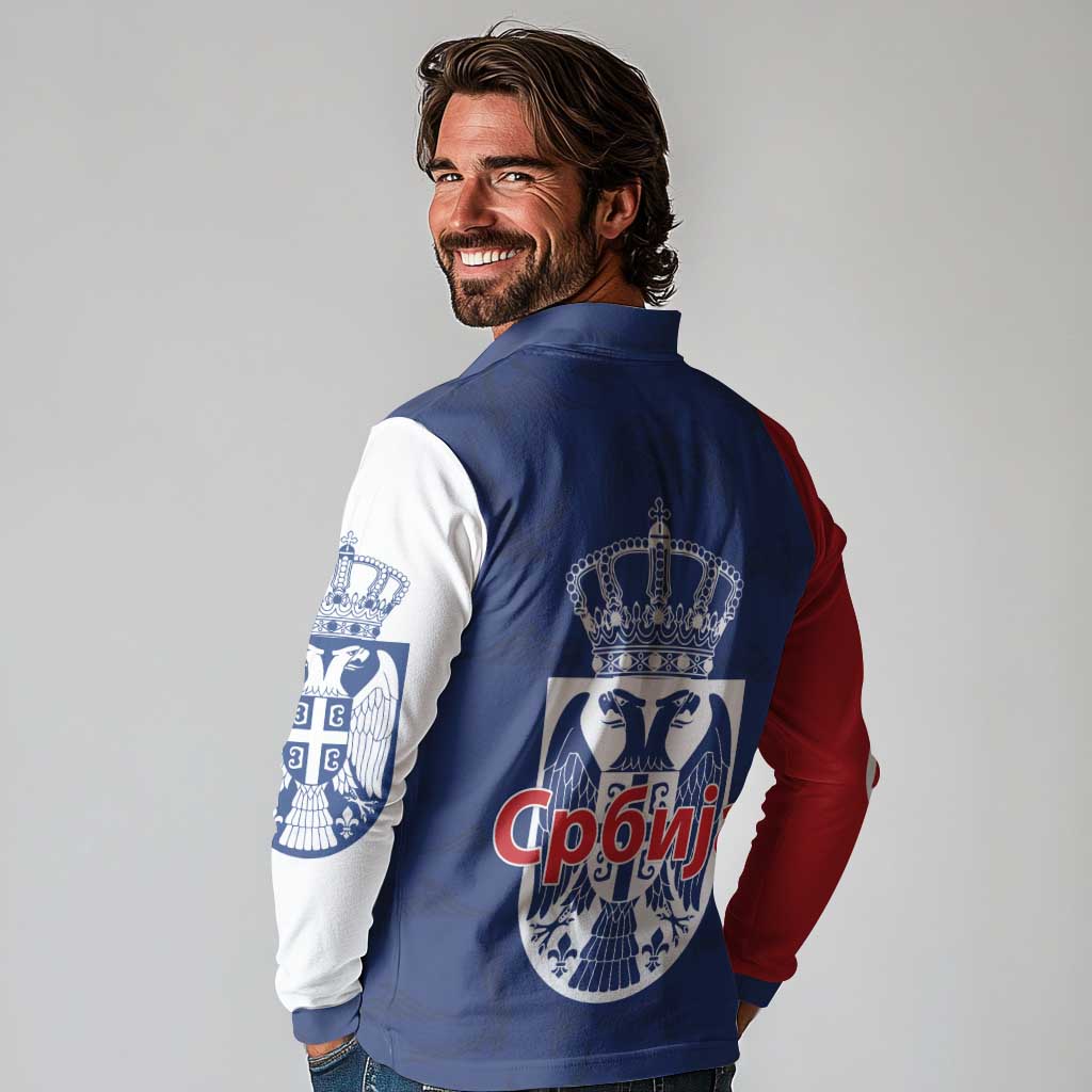 Serbia Flag Long Sleeve Polo Shirt with Double-Headed Eagle and National Coat of Arms Design
